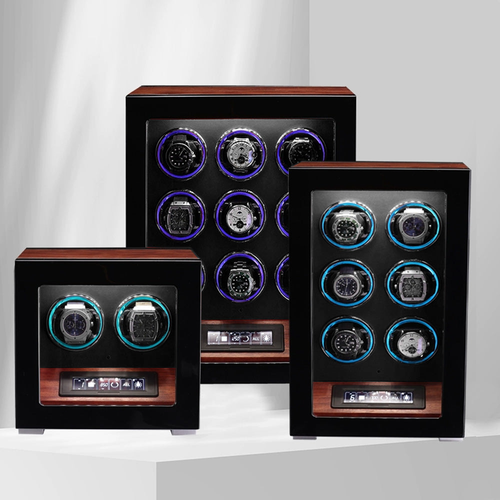 علبة لف ساعات فاخرة متعددة بسعة عرض LED وشاشة لمس LCD – بتشطيب خشبي أحمر
