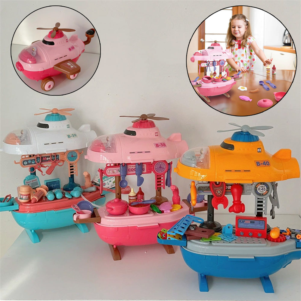 مجموعة ألعاب منزلية للأطفال 3 في 1، طائرة، غواصة، طبيب، طاولة مطبخ للأولاد والبنات