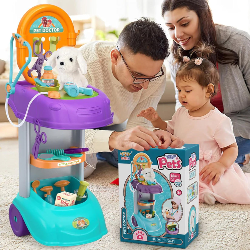 عربة الطبيب البيطري (18 قطعة) للأطفال من سن 3 إلى 5 سنوات، مجموعة ألعاب طبية تظاهرية للأطفال مع حيوان أليف ناعم