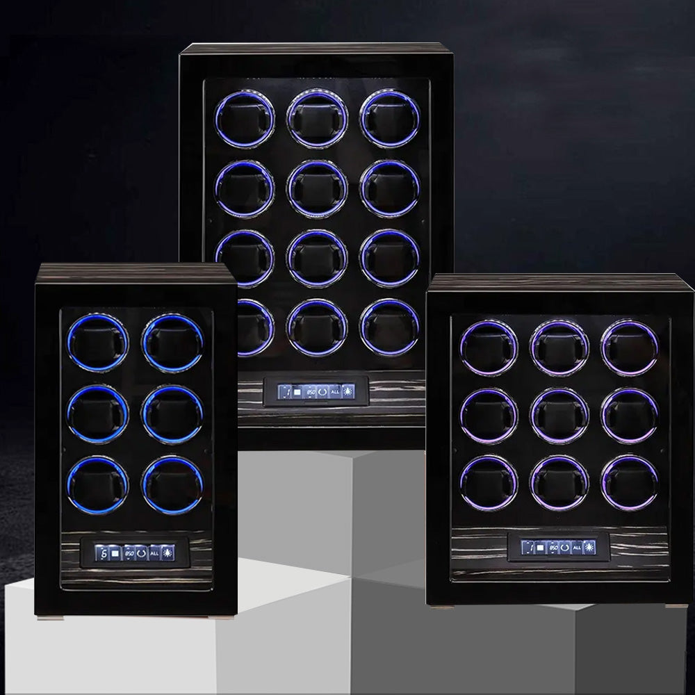 علبة لف ساعات فاخرة متعددة بسعة عرض LED وشاشة لمس LCD – بتشطيب خشبي أسود