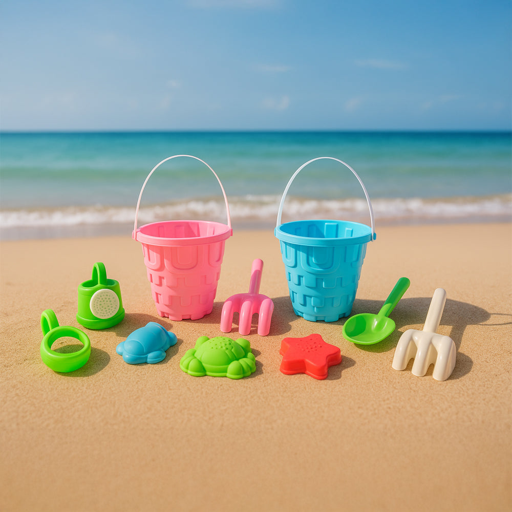 مجموعة ألعاب شاطئية للأطفال مع دلو وحيوانات ملونة – 6 قطع