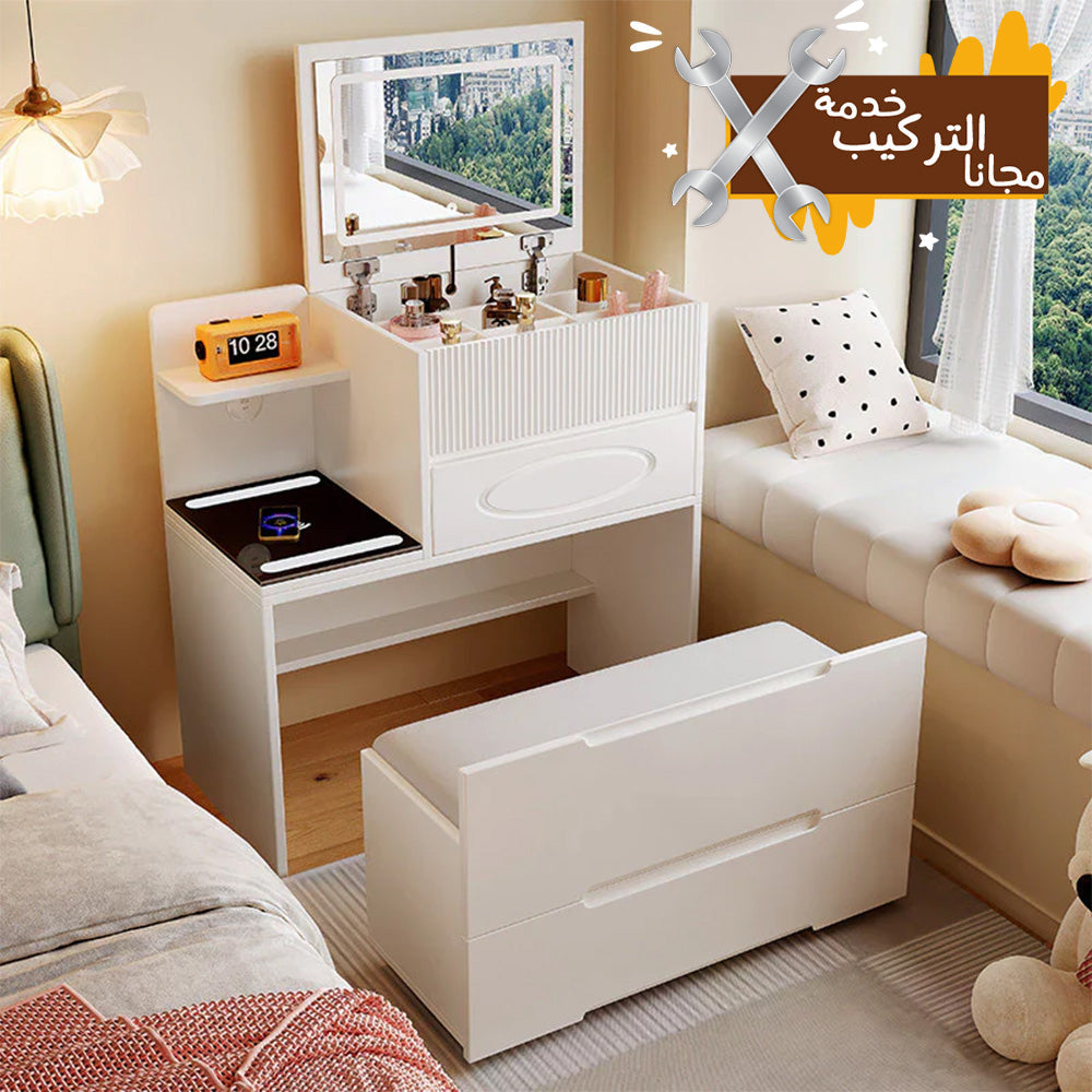 طاولة ماكياج ومستحضرات تجميل فاخرة مع مقعد ومرآة مضيئة / أبيض