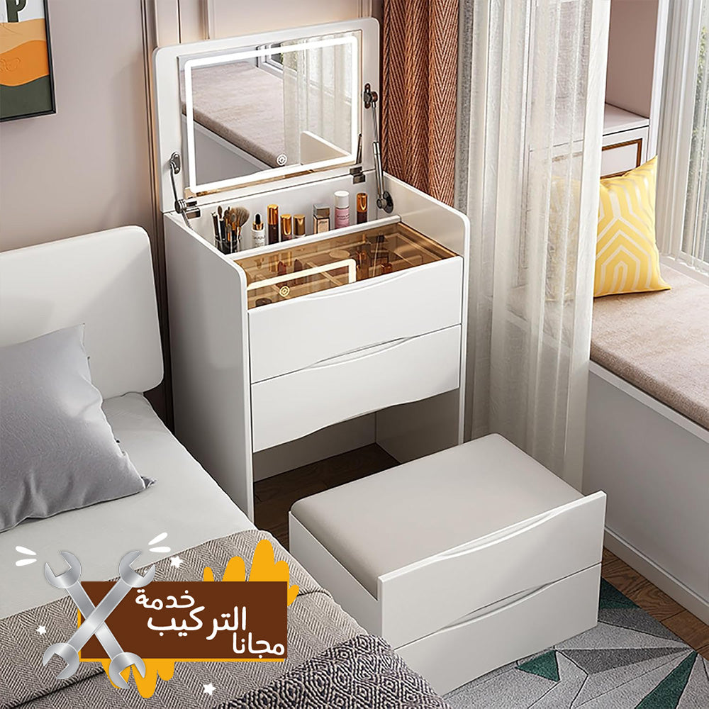 طاولة لمستحضرات التجميل مع أماكن للتخزين مع مرآة مضيئة 60سم