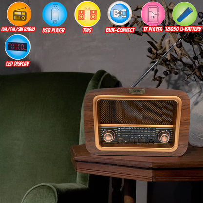 راديو AM/FM خارجي خشبي كلاسيكي عتيق الطراز NS-6655BT