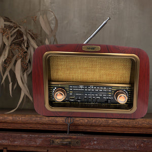 Classic Vintage Retro Style Handmade Wooden Exterior Dark Brown Am/Fm Radio NS-6655BT