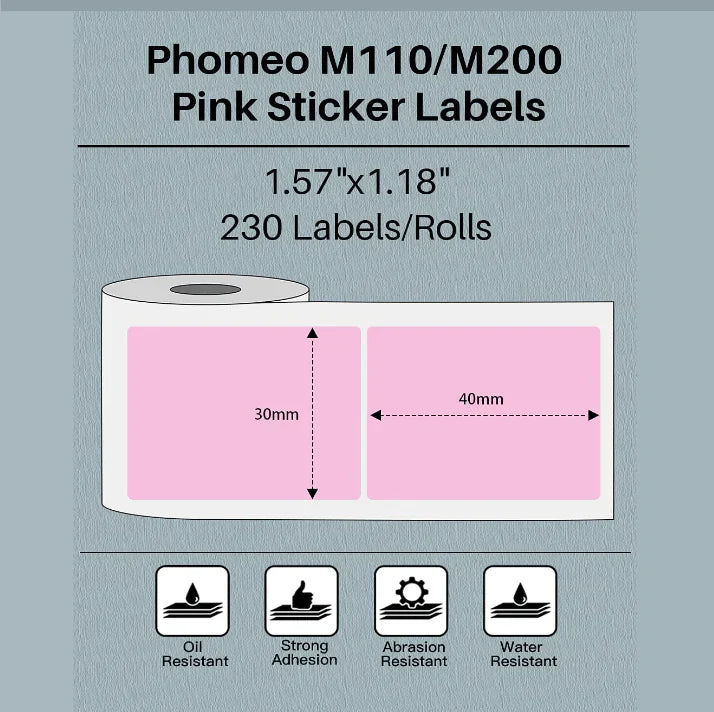 ‏ملصقات طابعة Phomemo 40x30mm / 230Pcs مربع / وردي‏