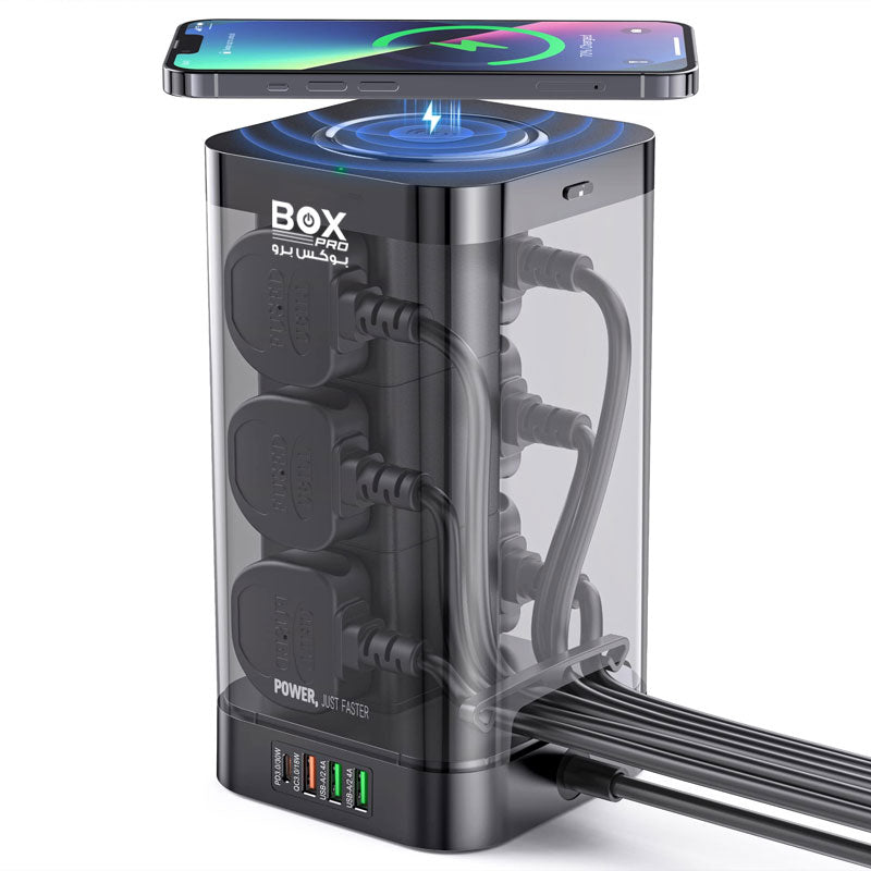 BoxPro BS3302 Tower Extension Lead with 6 Sockets, 4 USB Slots & Wireless Charger