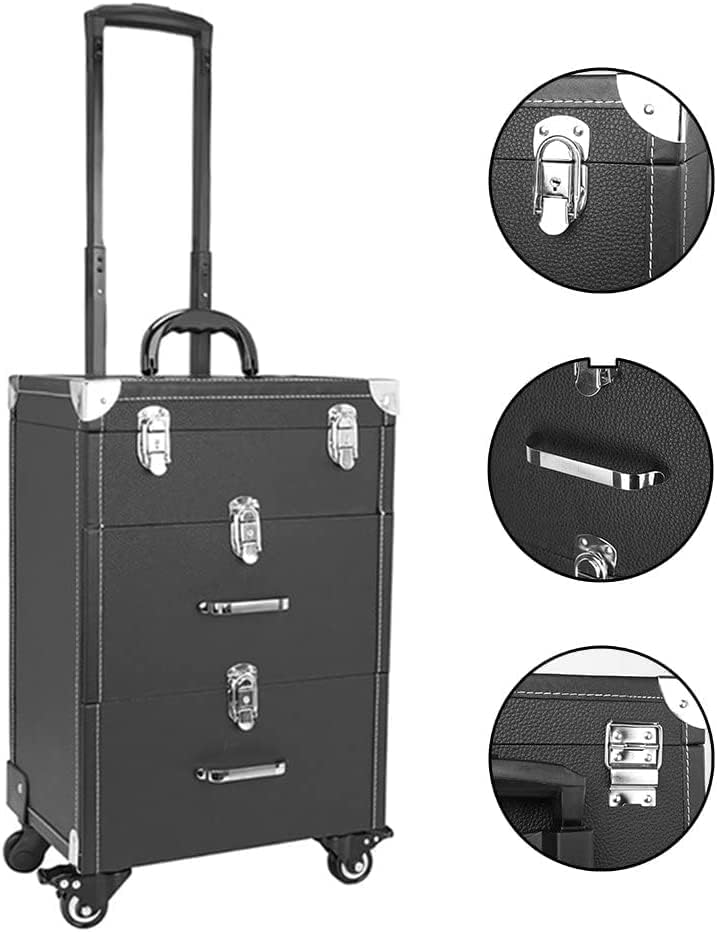 Makeup box with 3 drawers with large storage space / 4 wheels-black+stainless