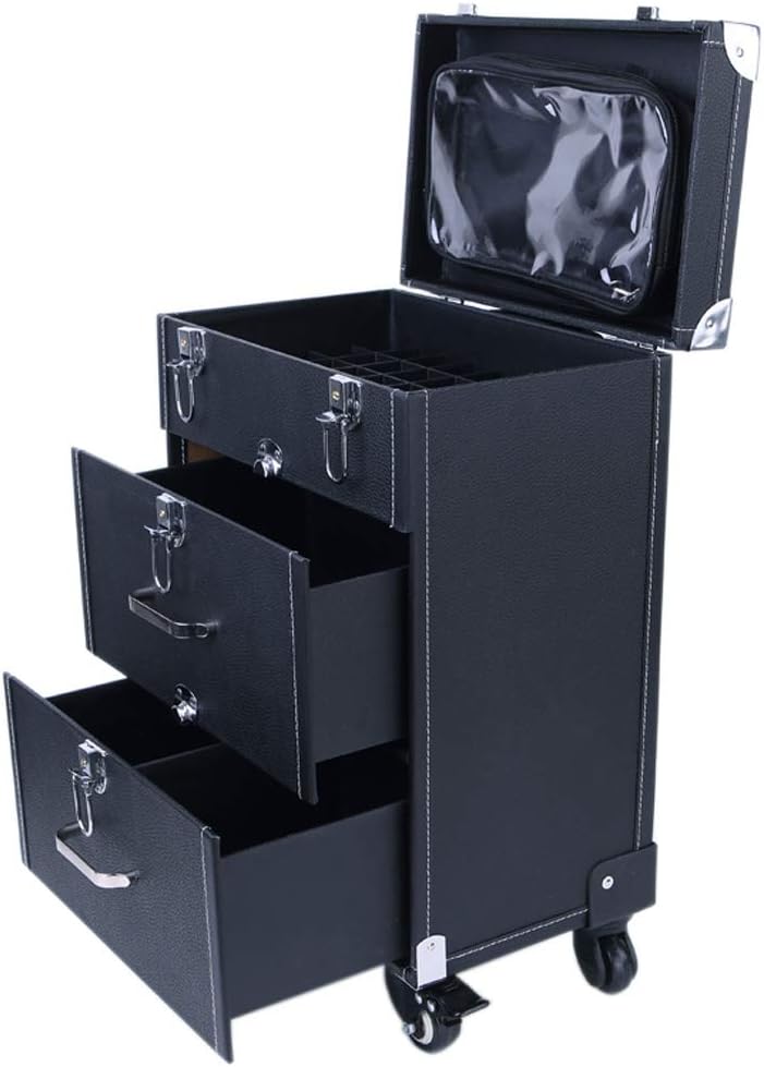 صندوق مكياج مع 3 أدراج بمساحة تخزين كبيرة / 4 عجلات - أسود + استانلس