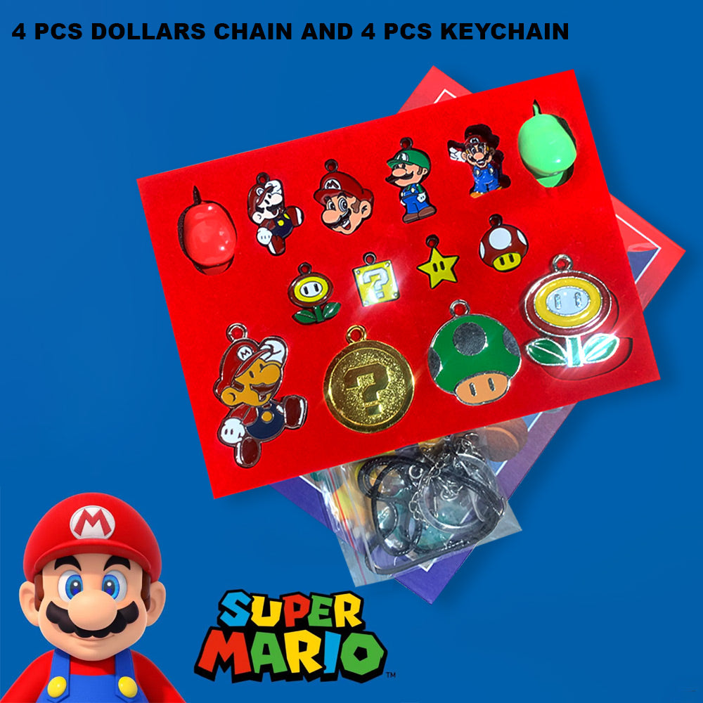 Mario 4 pcs Pendent For chain and 10 pcs Keychain Small dollars