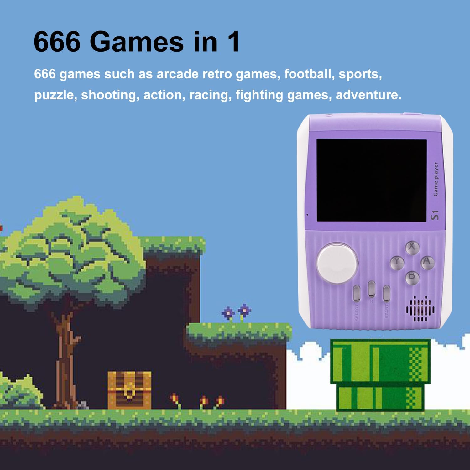 وحدة تحكم ألعاب صغيرة محمولة للأطفال مع 666 لعبة كلاسيكية ريترو بطارية قابلة للشحن 3 بوصة - بنفسجي