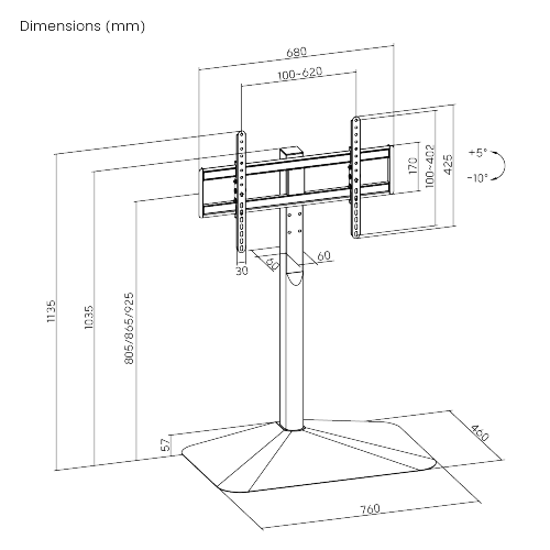 Single-Column Supersized Sturdy Base TV Floor Stand with 3-Level Height Adjustments