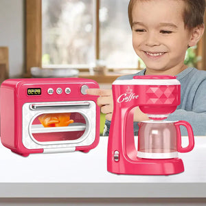 ماكينة صنع القهوة وفرن الميكروويف مع وعاء طهي للأطفال