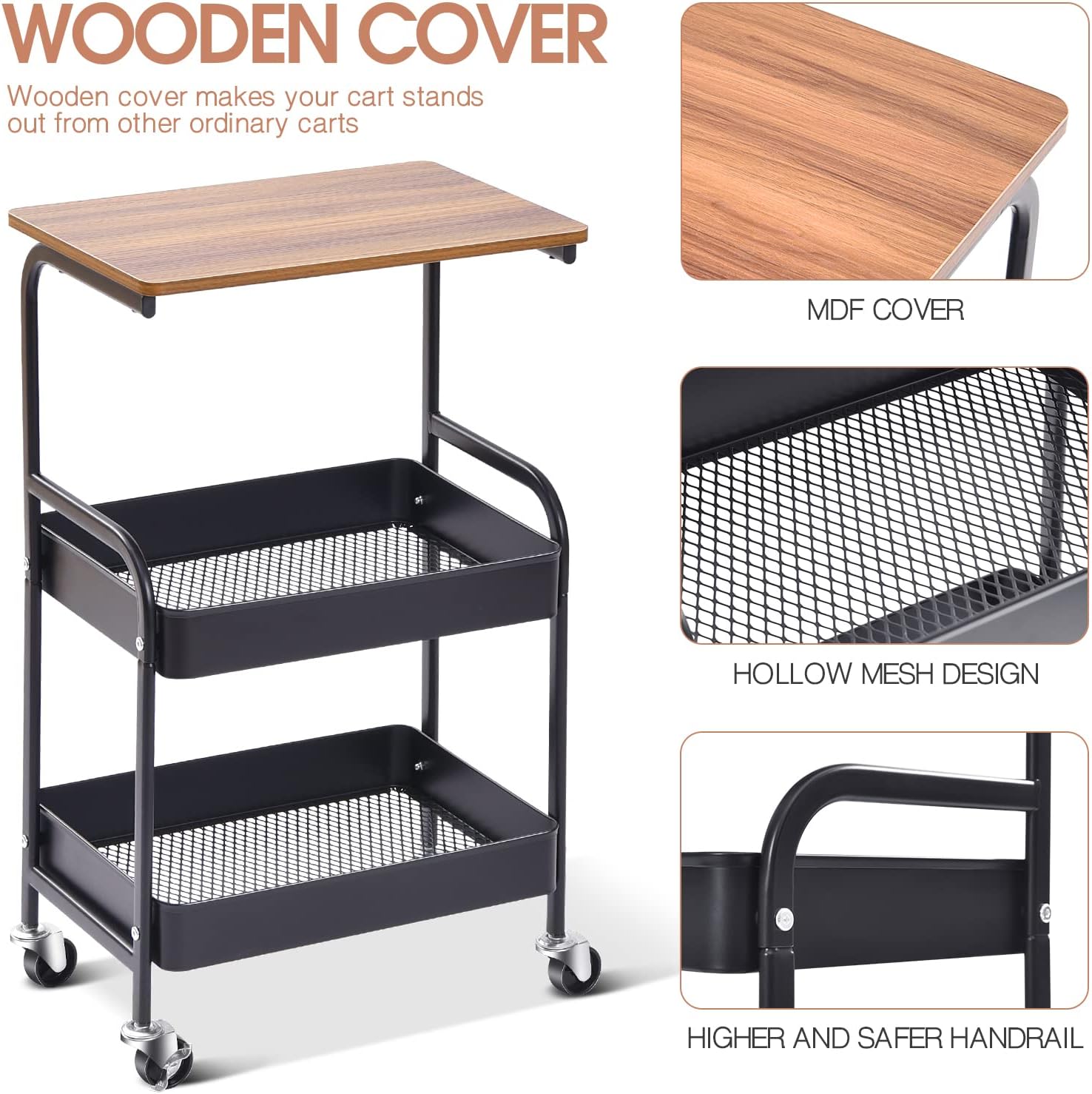 3-Tier Metal Storage Cart with Handle