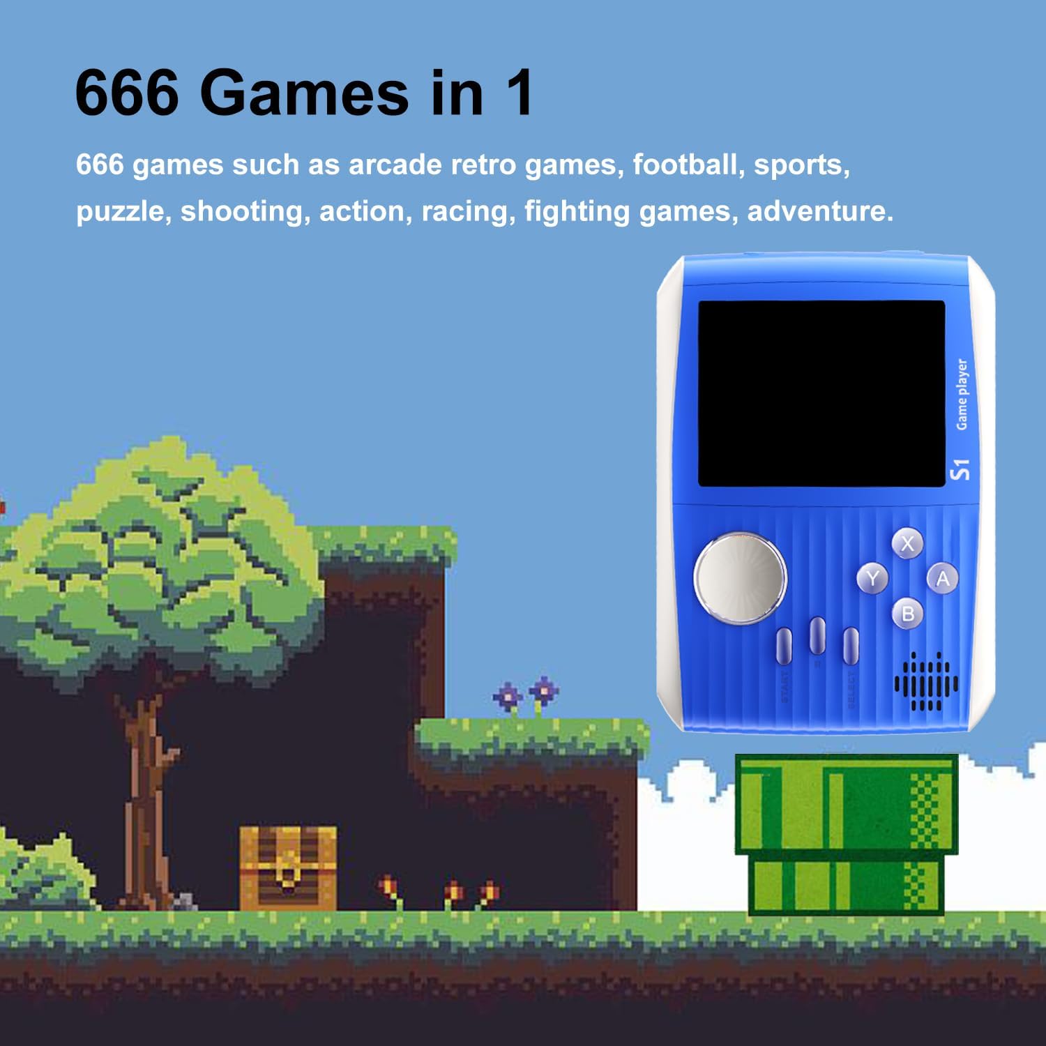 666 Classic Retro Toys for Kids, Rechargeable Battery 3 Inch Screen - Blue