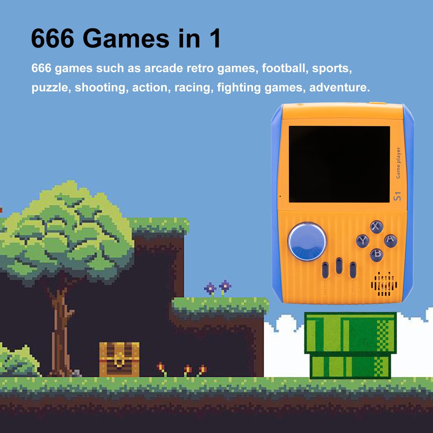 وحدة تحكم ألعاب صغيرة محمولة للأطفال مع 666 لعبة كلاسيكية ريترو بطارية قابلة للشحن 3 بوصة - برتقالى