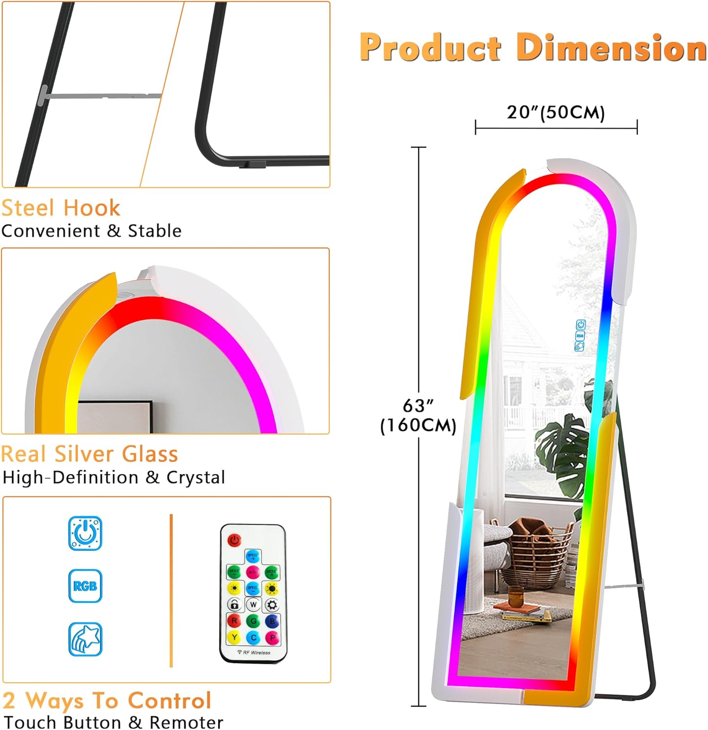 مرآة كاملة للتعليق على الحائط وحامل أرضي بإضاءة RGB(برتقالي+أبيض)