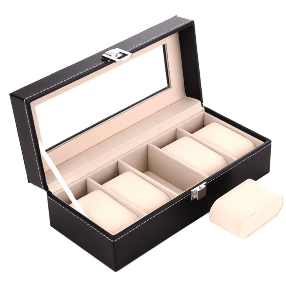 صندوق ساعات ذو 5 فتحات مصنوع من جلد البولي يوريثان