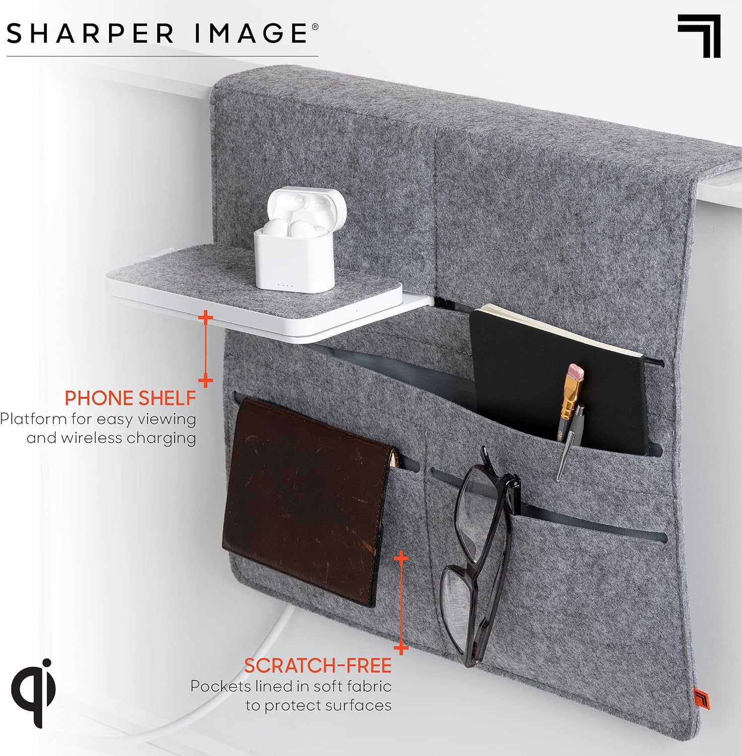 Wireless Qi Charging Bedside Caddy, Hanging Organizer with 5 Pockets & Phone Shelf