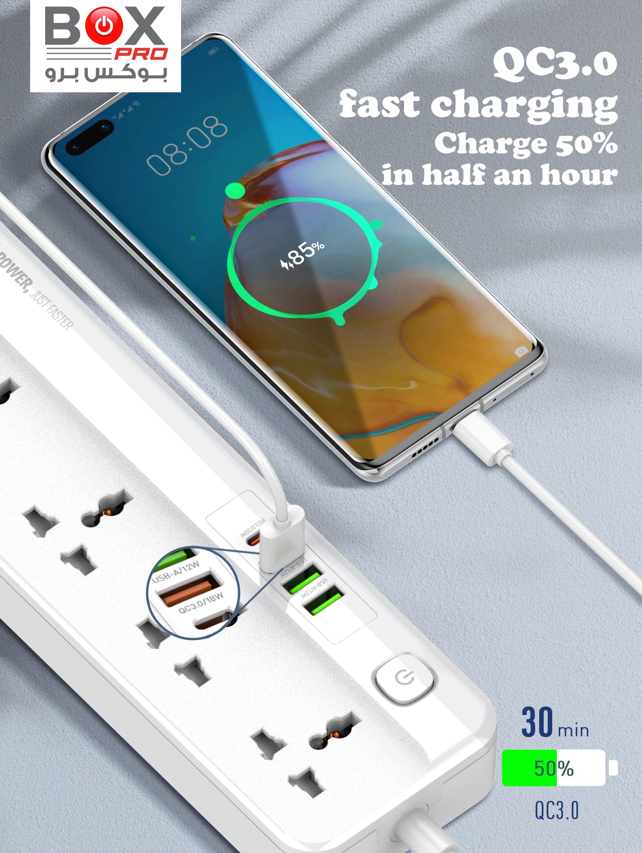 BoxPro BSL3305  Power Strip With 5 Sockets PD20W & 3-Port USB Charger