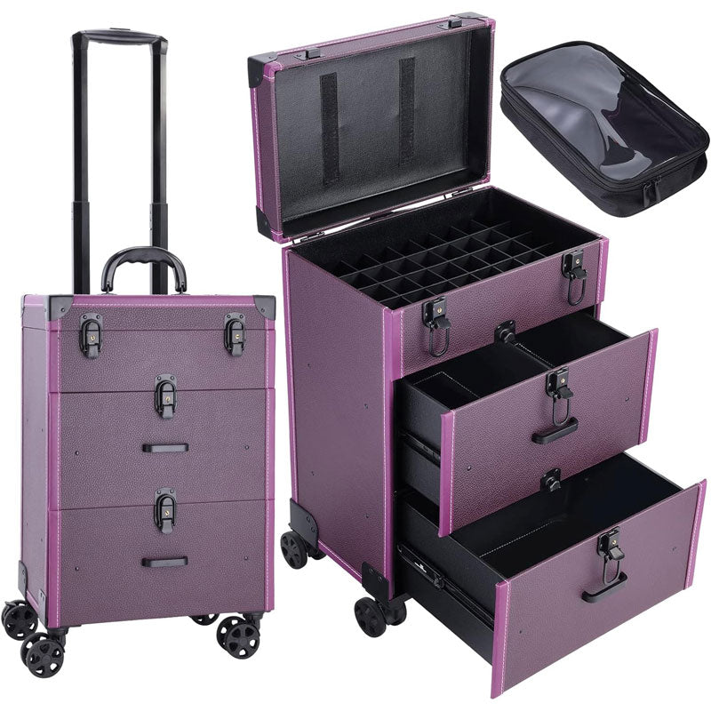 Makeup box with 3 drawers with large storage space / 4 wheels- Black