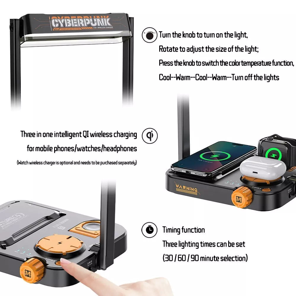 قاعدة الشحن الاسلكية 3 في 1 مع مصباح قابل للتعديل